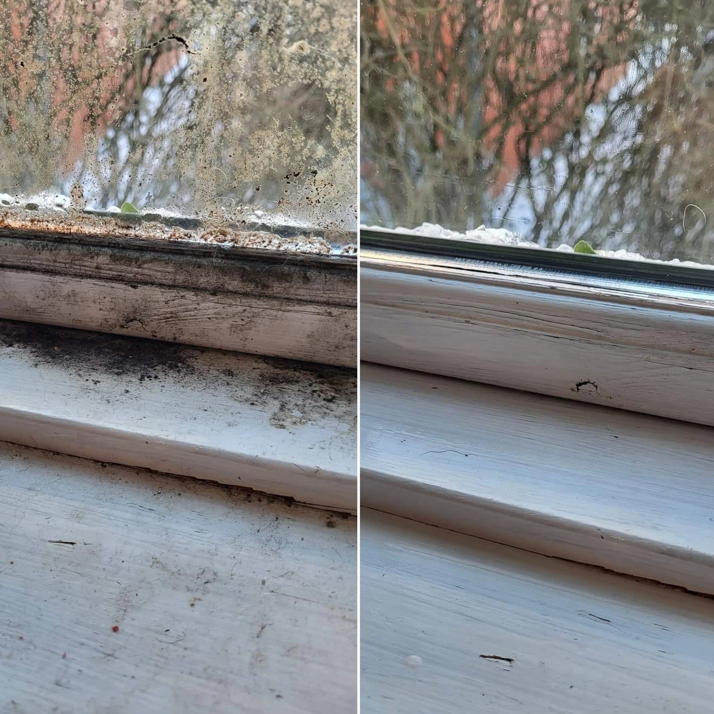 Billedet viser et før og efter billede af en muggent vindue