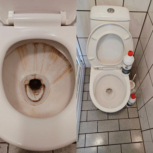 før og efter billeder der viser et gammelt toilet fyldt med kalk og som er rengjord med skumtøsens kalkfjer gel og som er blevet rengjort så det liger et helt nyt toilet. det har fjernet alt kalk i toilettet nemt og hurtigt