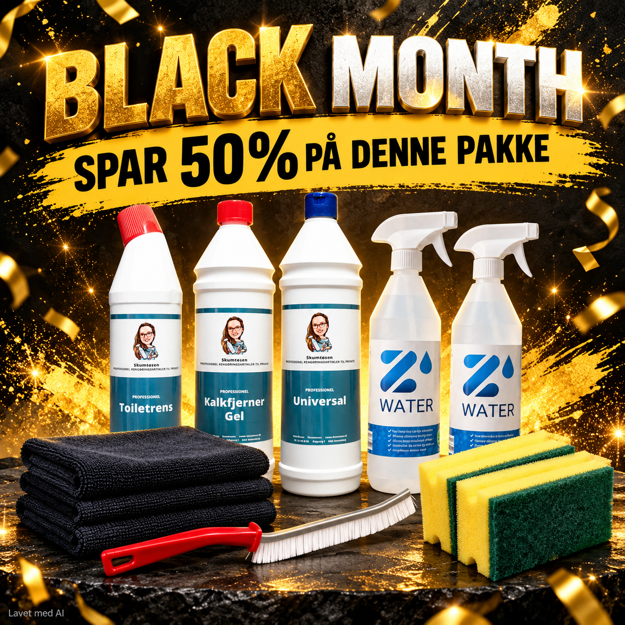 Black Month Bad Power Pakken: Toiletrens, Kalkfjerner Gel, Universal, 2 Z-Water, sorte klude, fugebørste og 2 skuresvampe
