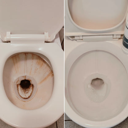 Før-og-efter-billede af et toilet, der er blevet rengjort med Skumtøsens kalkfjerner. Før-billedet viser tydelige kalk- og rustaflejringer, mens efter-billedet fremhæver et skinnende rent og hvidt resultat. Effektiv løsning til fjernelse af kalk og snavs.