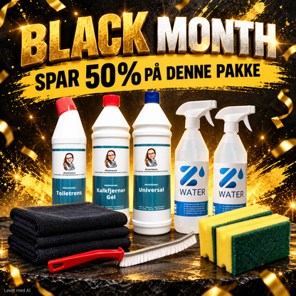 Black Month Bad Power Pakken med Skumtøsens Toiletrens, Kalkfjerner Gel, Universal, 2 Z-Water sprayflasker, 3 sorte mikrofiberklude, fugebørste og 2 skuresvampe